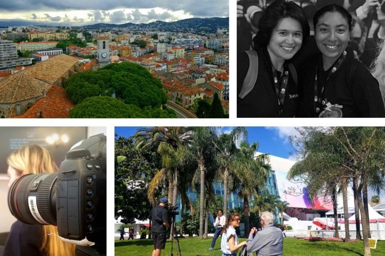 a montage of four photos showing the French landscape, a camera and two students posing for a photo